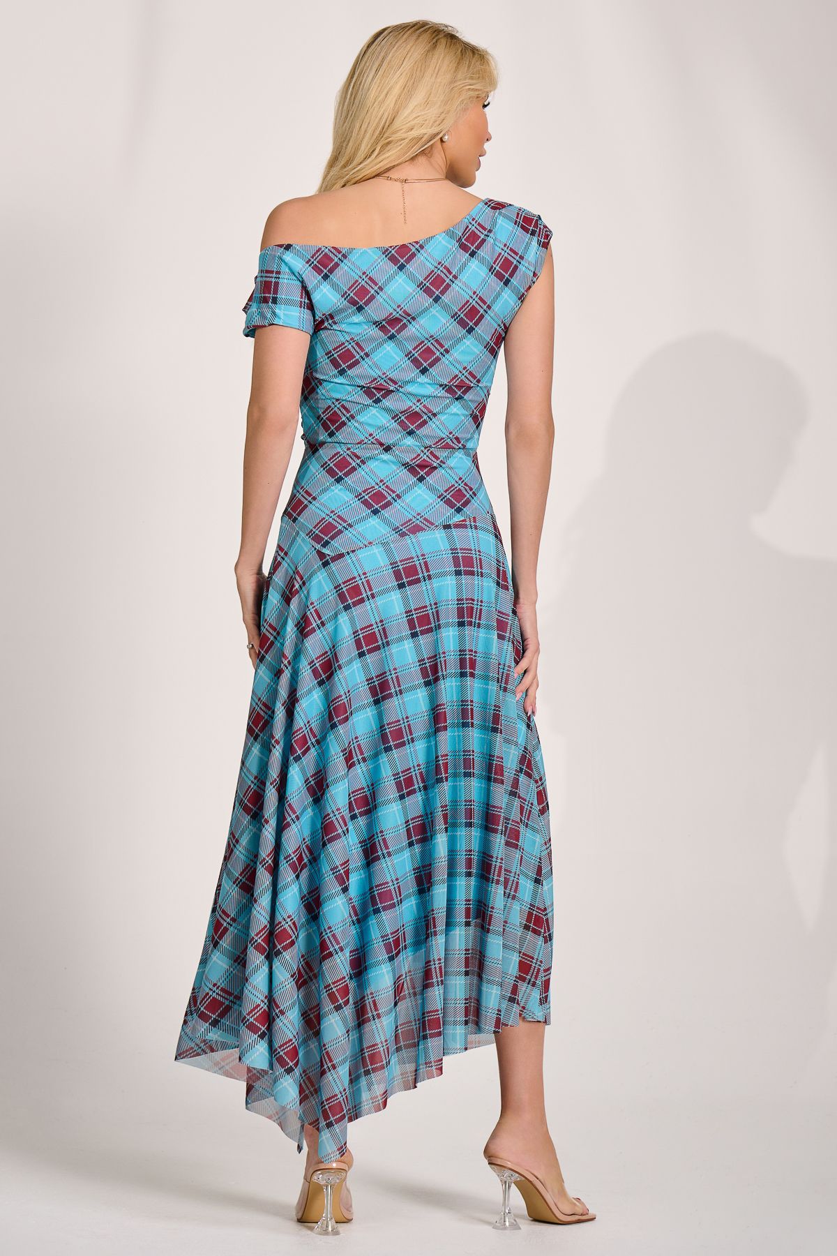 Jolie Moi Asymmetric Draped Mesh Maxi Dress