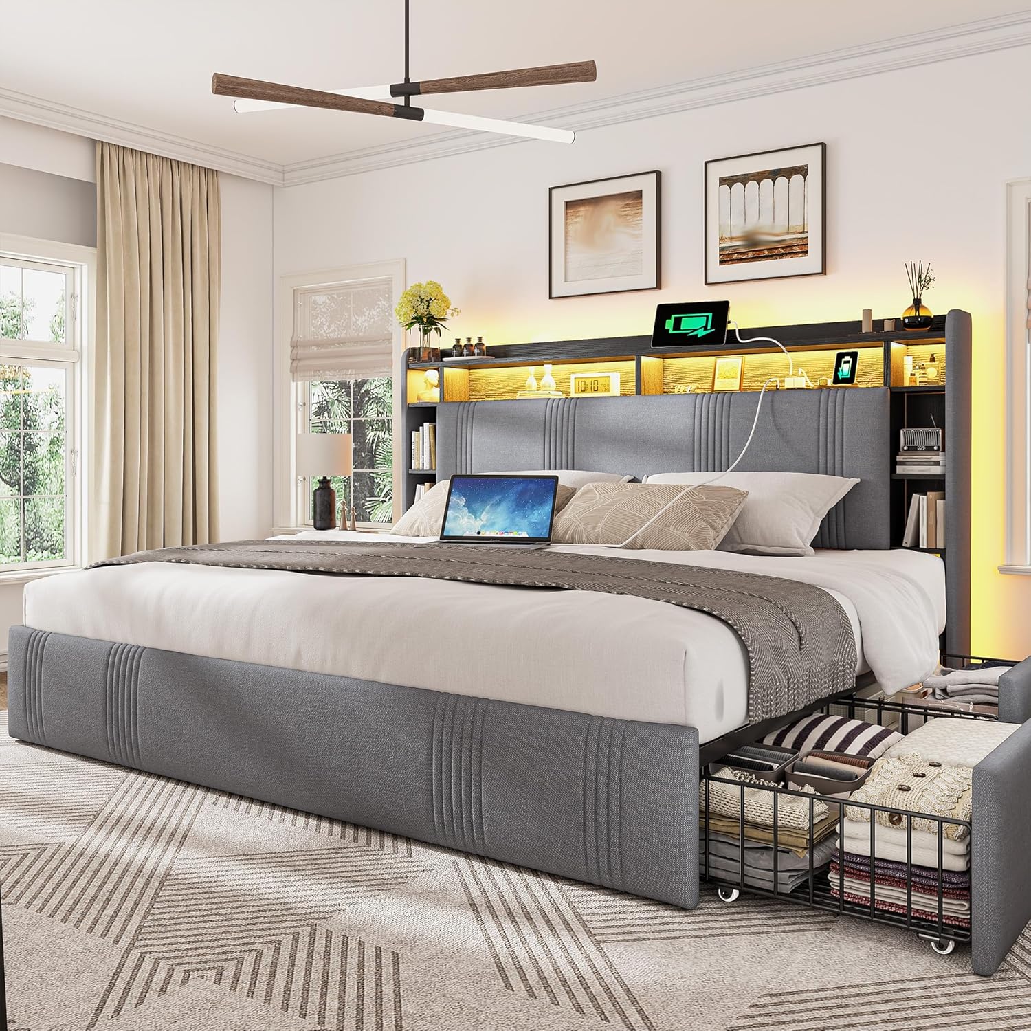 EnHomee King Size Bed Frame with 4 Storage Drawers, Upholstered Platform King Bed Frame with Multi-Tier Storage Headboard & LED Lights & Charging Station, No Noise, No Box Spring Needed, Grey