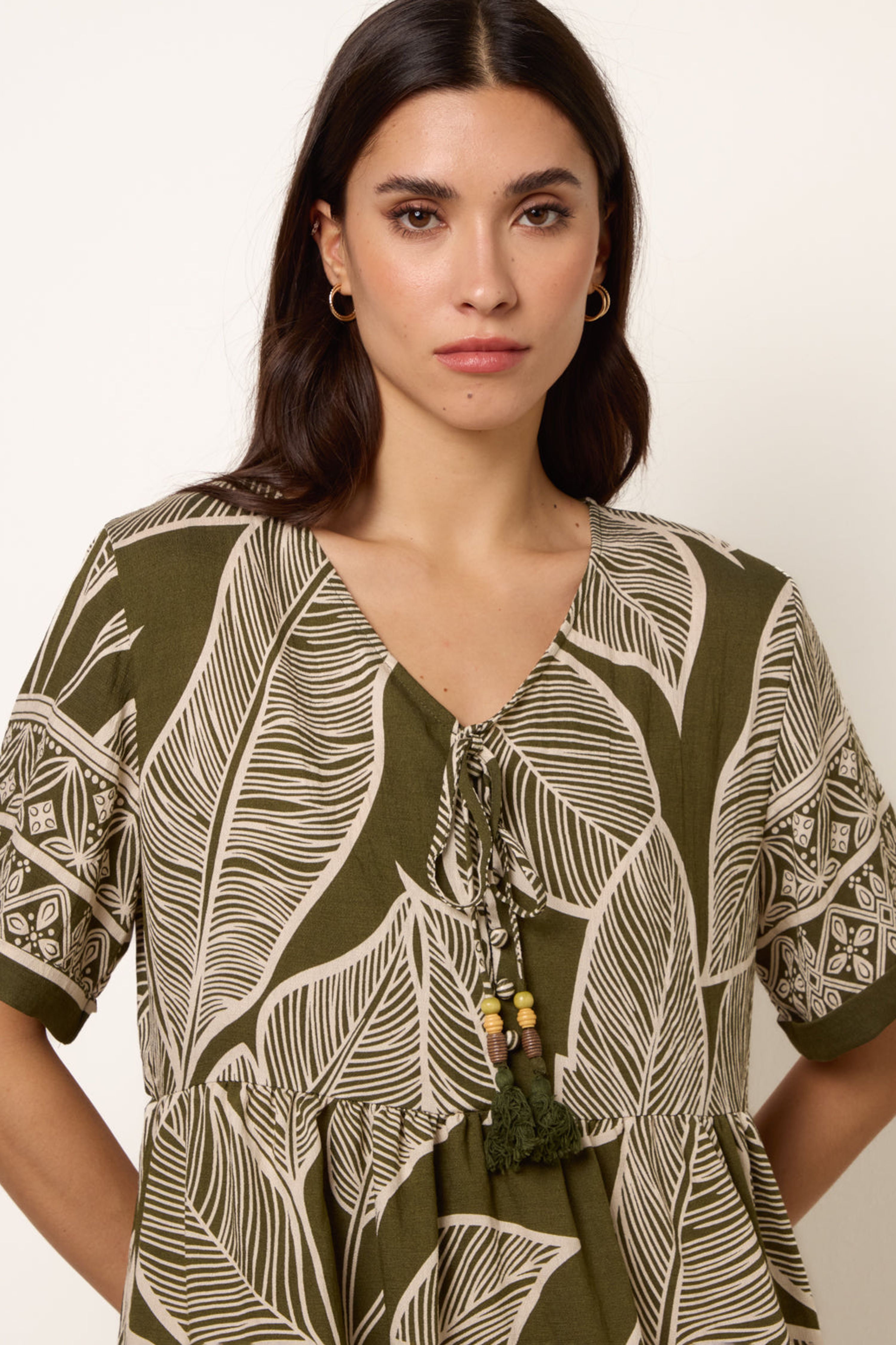 Blue Vanilla Khaki Dress With Tropical Leaf Print