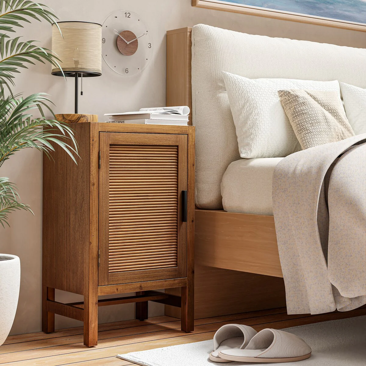 COZAYH 1 Door Farmhouse Storage Cabinet, Rustic Slat Door Cabinet with 2 Shelves, Accent End Table with Storage