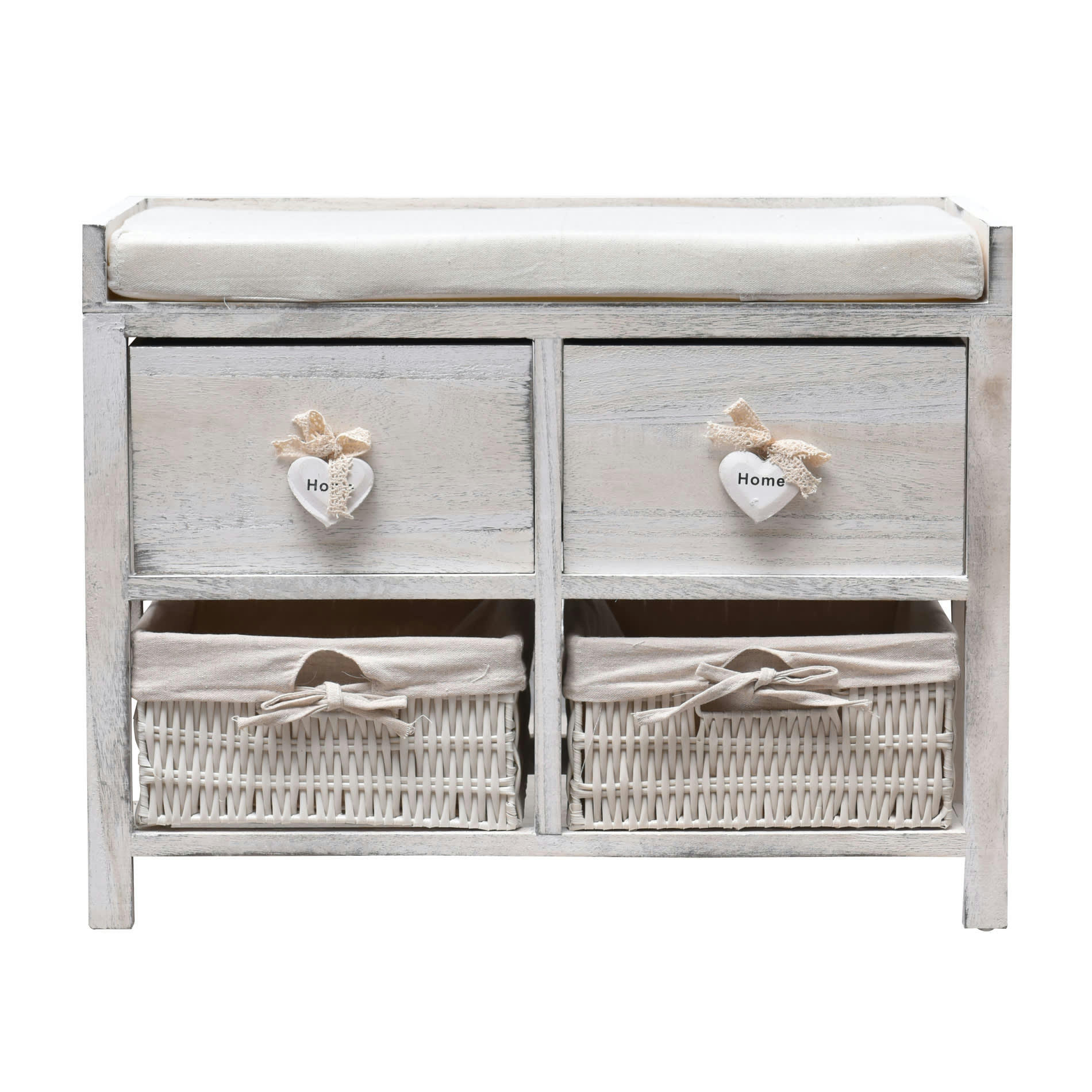 - Banc coffre coeurs avec 4 tiroirs en bois et osier blanc