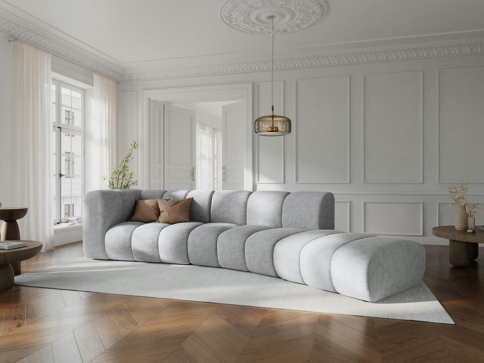 LUPINE - Canapé droit 5 places en tissu chenille gris clair