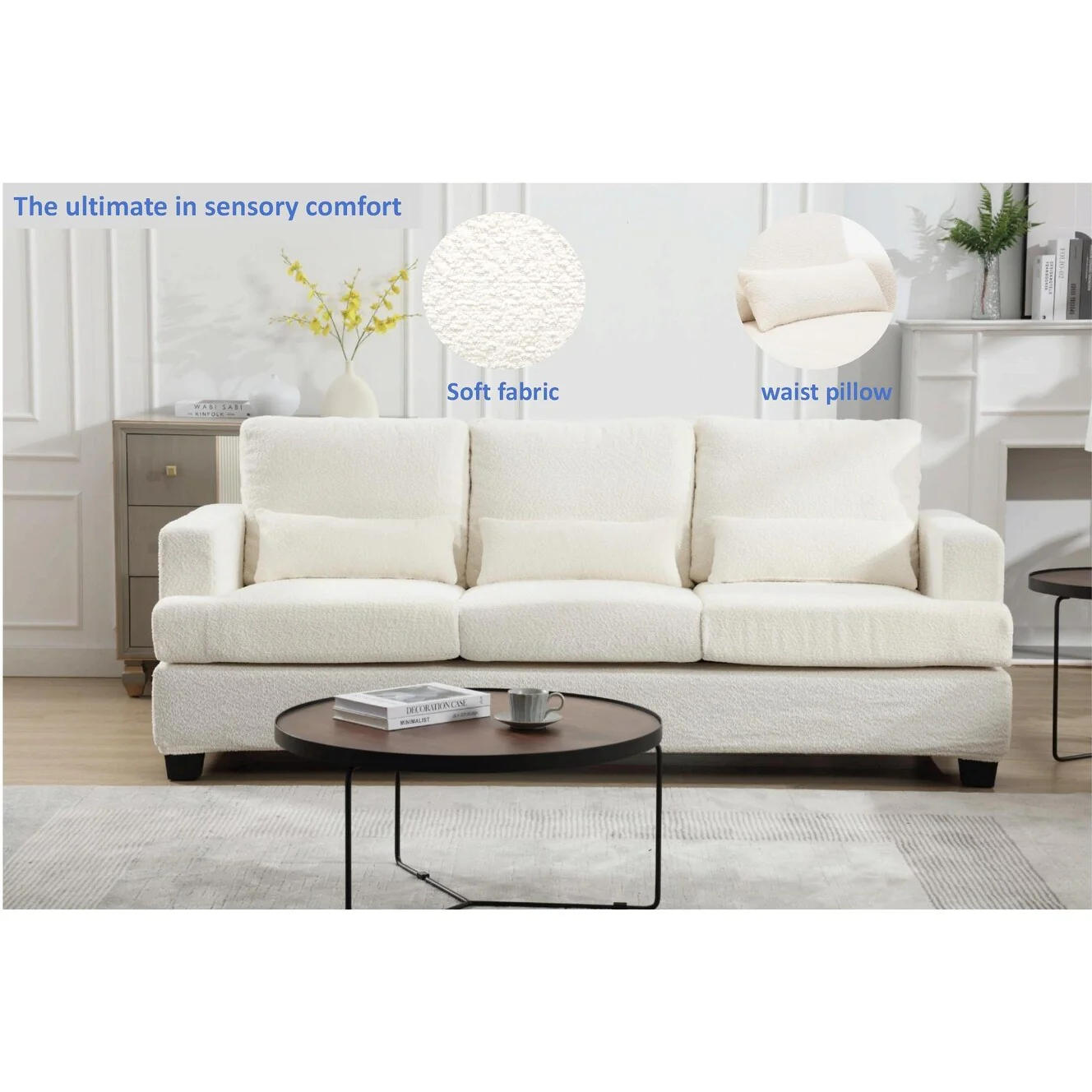 White 88.4'' Fabric Modern 3-Seater Sofa with Removable Back Cushions and Hardwood Frame