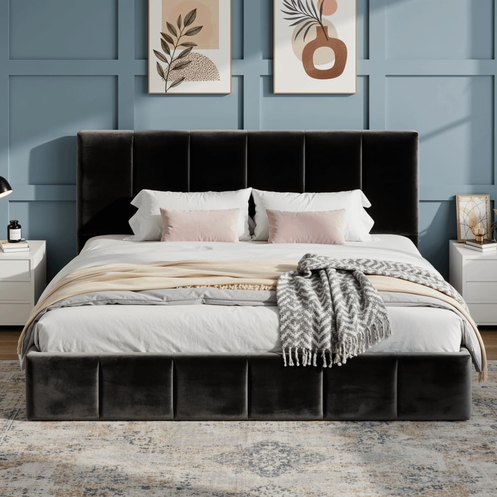 SHA CERLIN King Size Bed Frame, Velvet Upholstered Platform Bed, Vertical Channel Tufted Adjustable Headboard, Low Profile Bed Frame, No Box Spring Needed, Easy Assembly, Black