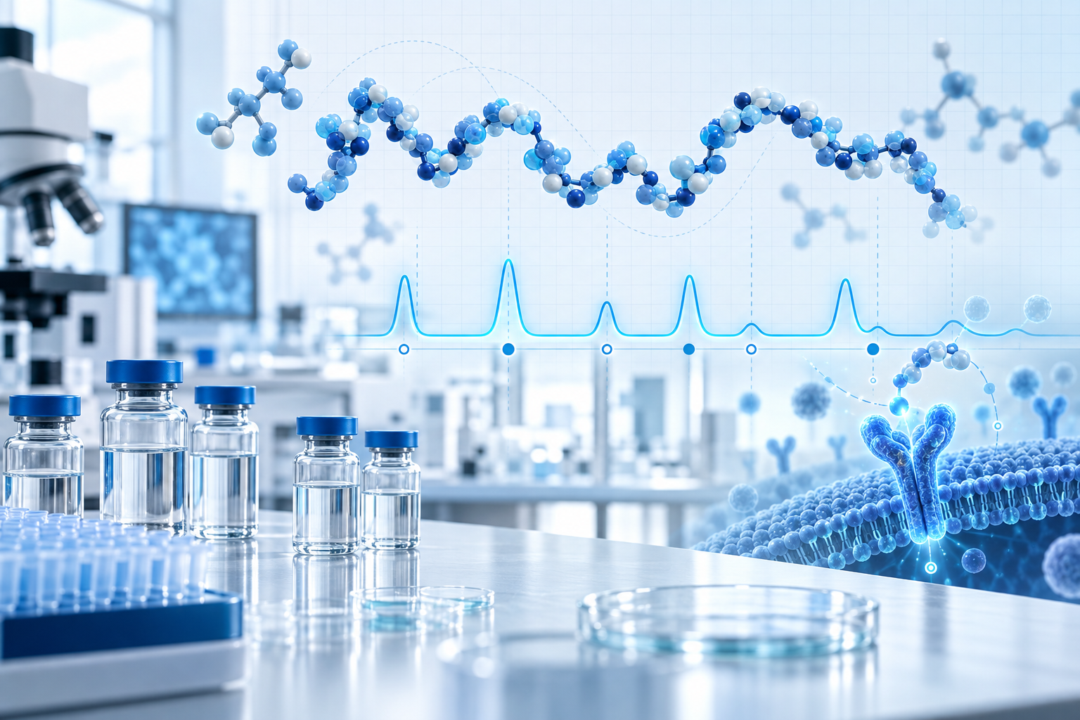 Blue peptide signal timeline and molecular nodes displayed across a bright laboratory research grid.