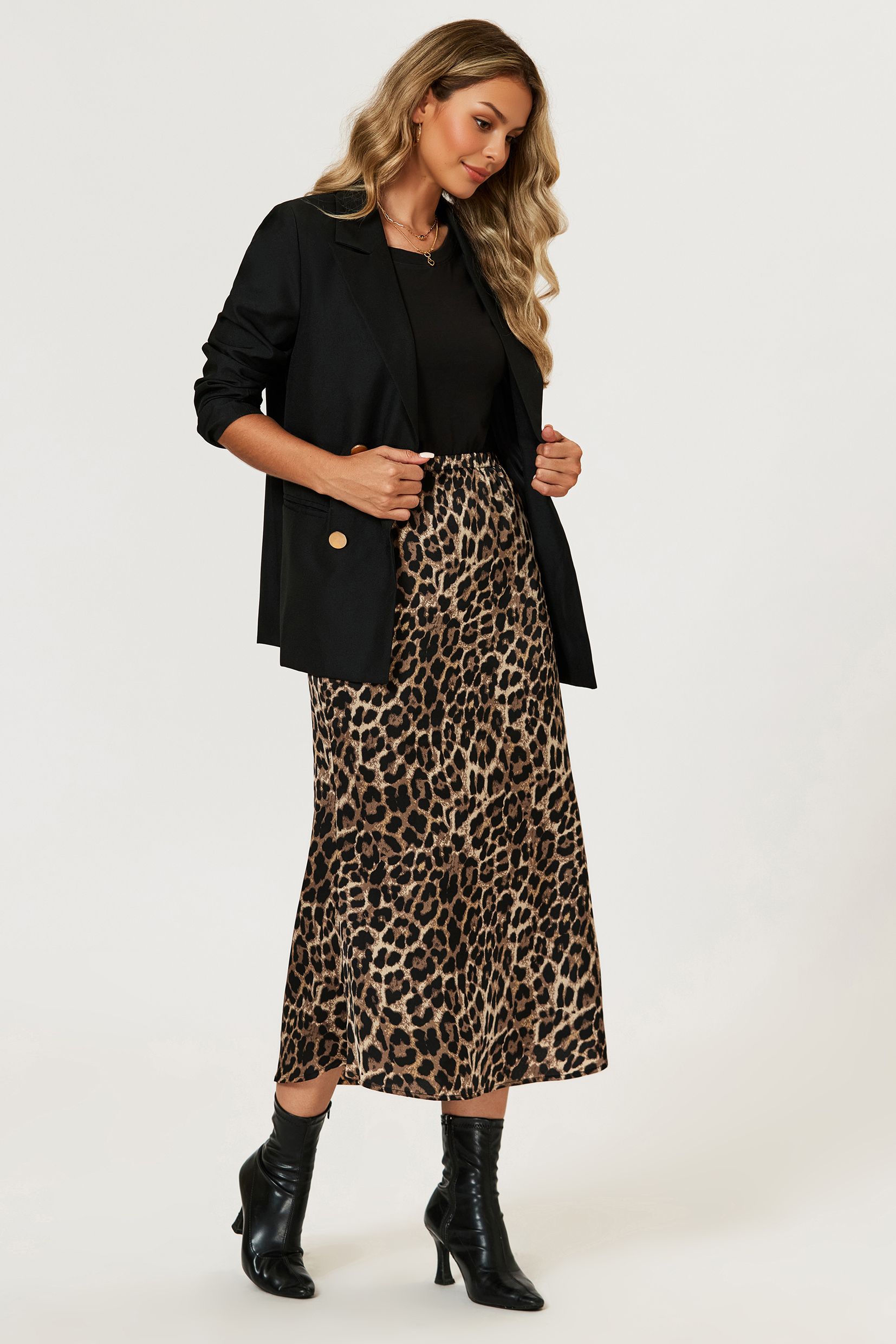 FS Collection Leopard Print Satin Midi Skirt In Brown