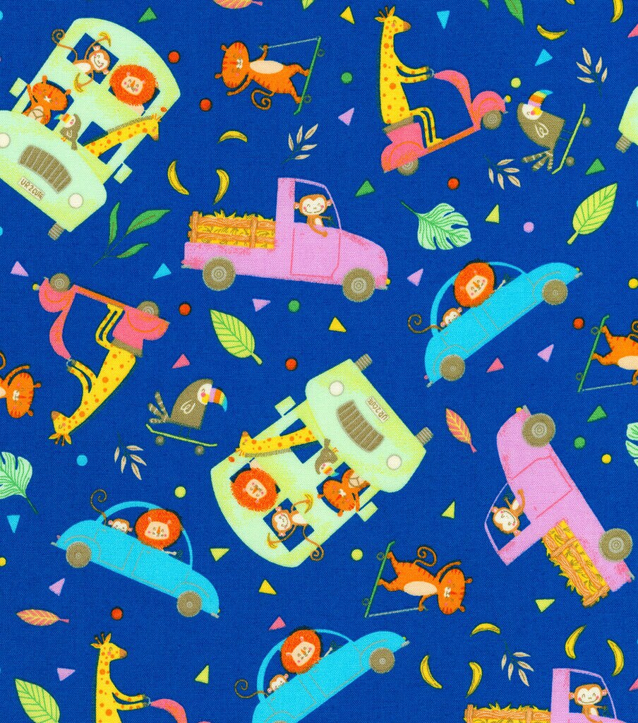 Safari Wheels on Blue Novelty Cotton Fabric