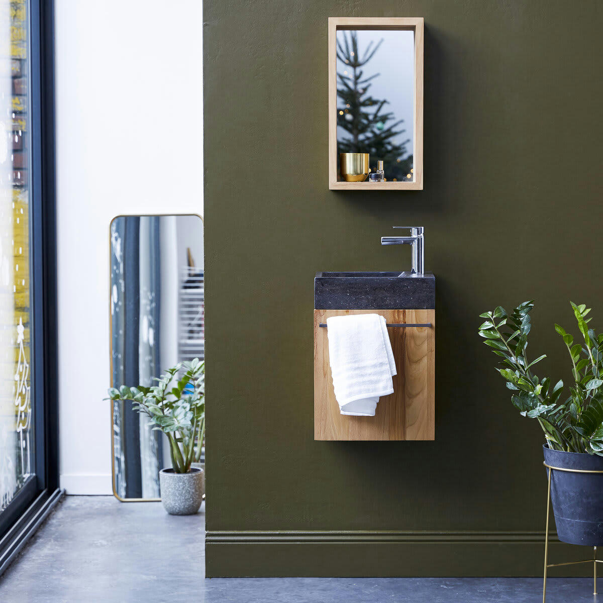 STELLE - Meuble Lave main en teck massif et marbre black