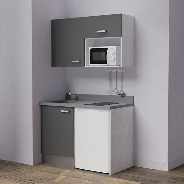 Kitchenette K07 - 120 cm - façades Gris - Plan monobloc en quartz coloris Cromo évier à gauche