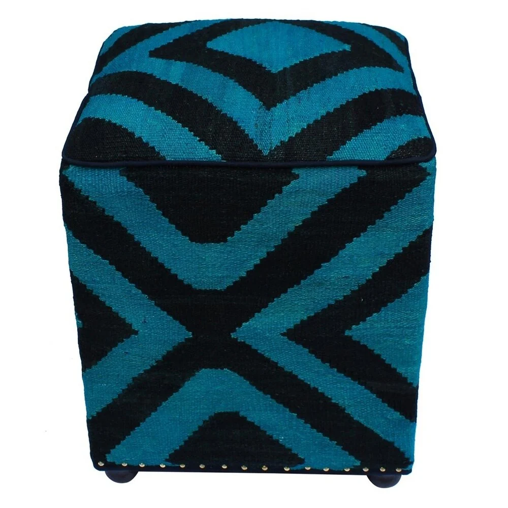 Schneide Black/Teal Handmade Kilim Upholstered Ottoman 16x16x20