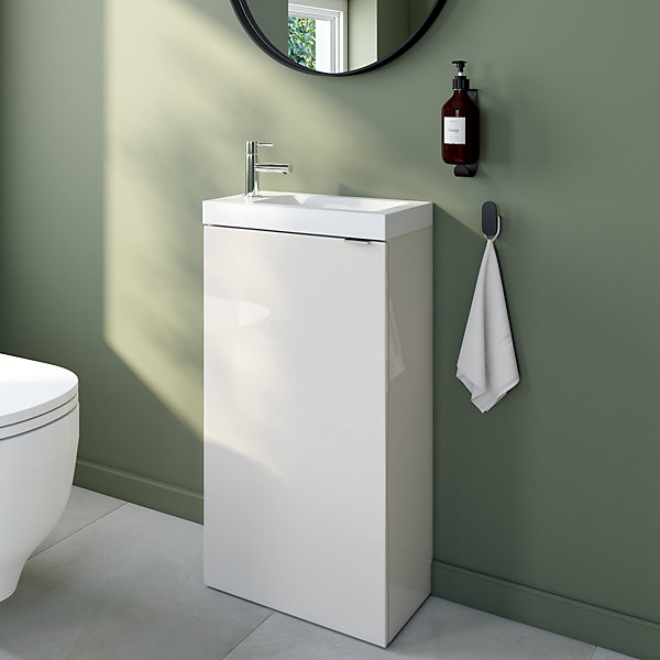 Meuble lave-mains à poser blanc brillant l.44 cm Imandra   plan vasque blanc céramique Nira, GoodHome