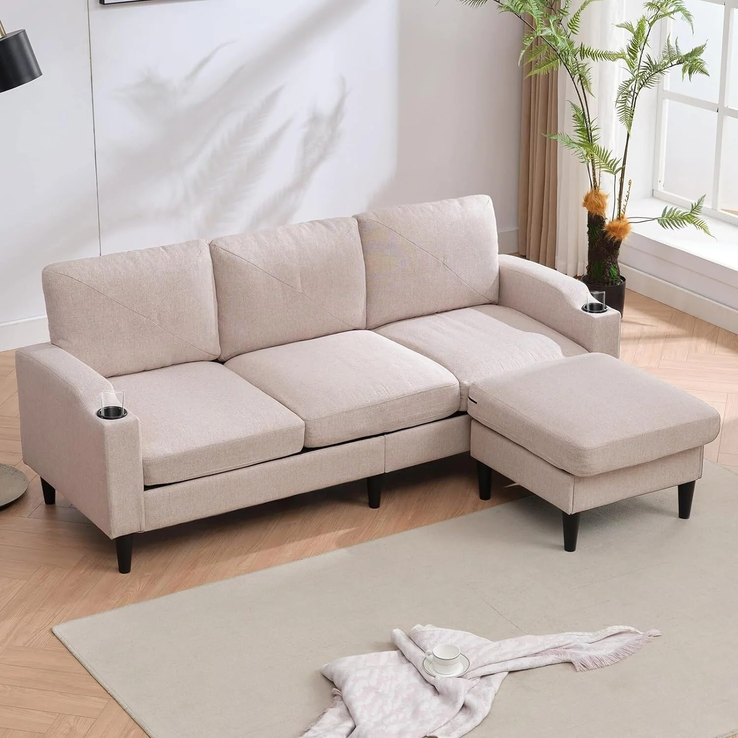Mixoy Convertible L-Shaped Sectional Sofa with Reversible Stroge Ottoman&Cup Holder