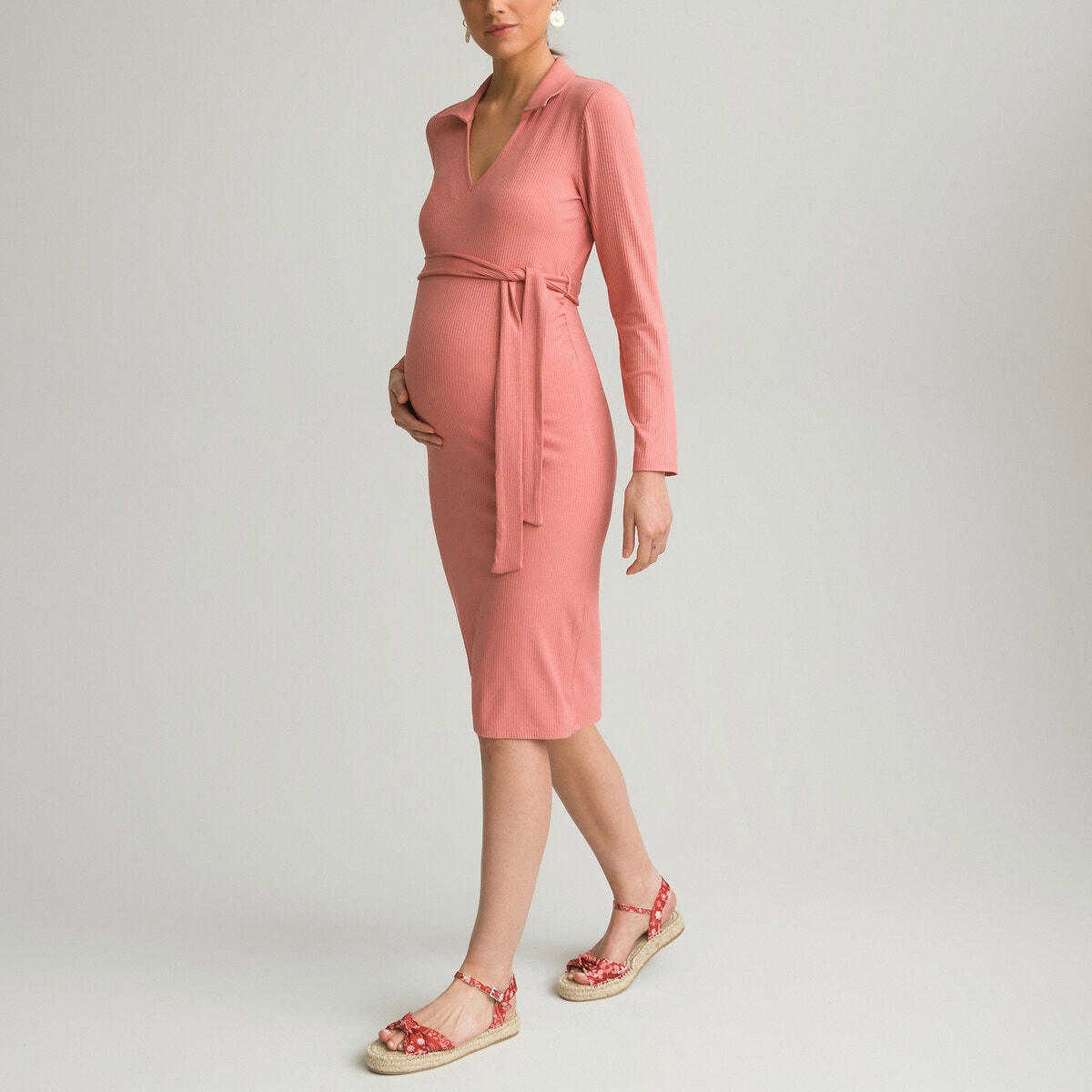 Robe de grossesse droite, col polo manches longues