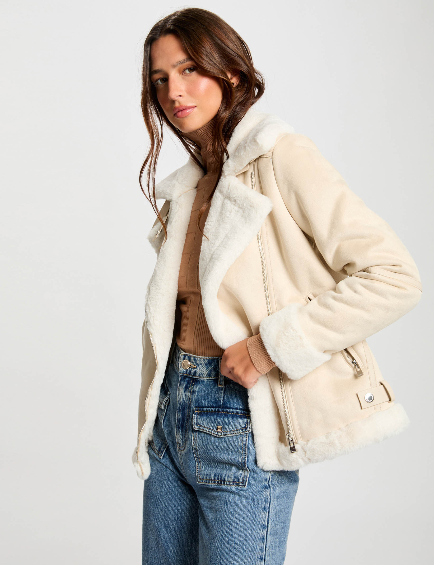 Zipped Jacket Suede Effect Ivory Women