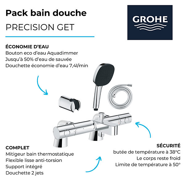 Pack mitigeur bain douche thermostatique GROHE Precision Get   douchette carré2 jets   flexible   support