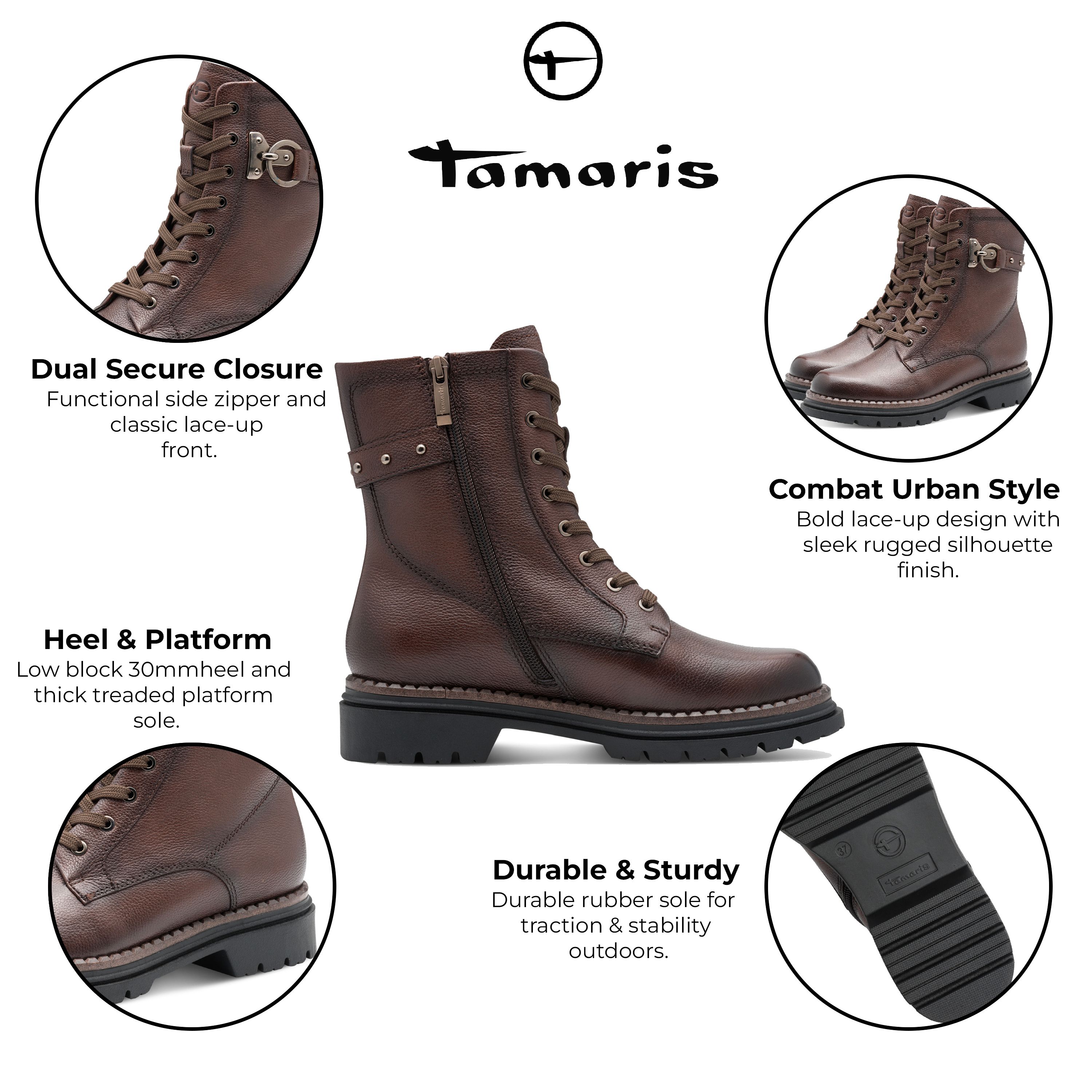 Infinity Leather Tamaris Fashion Leather Lace-Up Zip Combat Ankle Boots