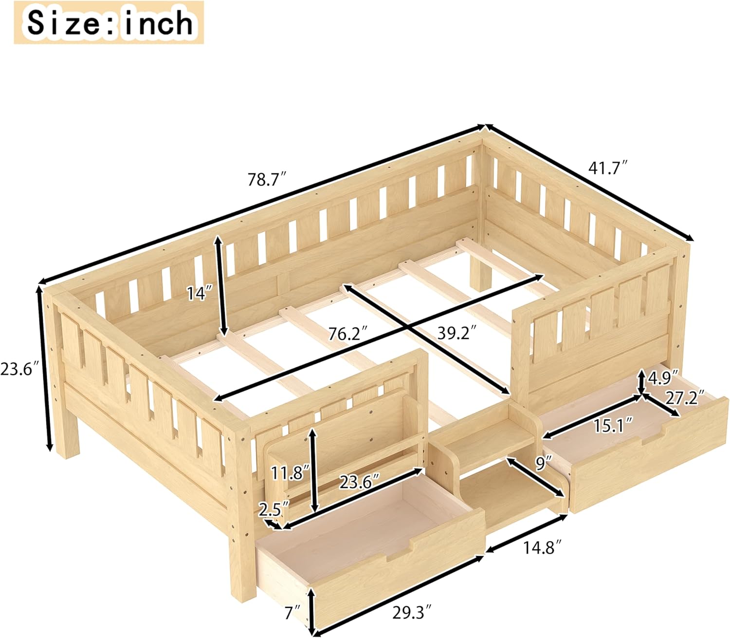 Bellemave Twin Size Bed with Slats and Stairs, Twin Size Platform Bed Frame with Fence, Bookshelf and Storage Drawers, Easy Assemble Beds for Girls, Boys, Light Natural