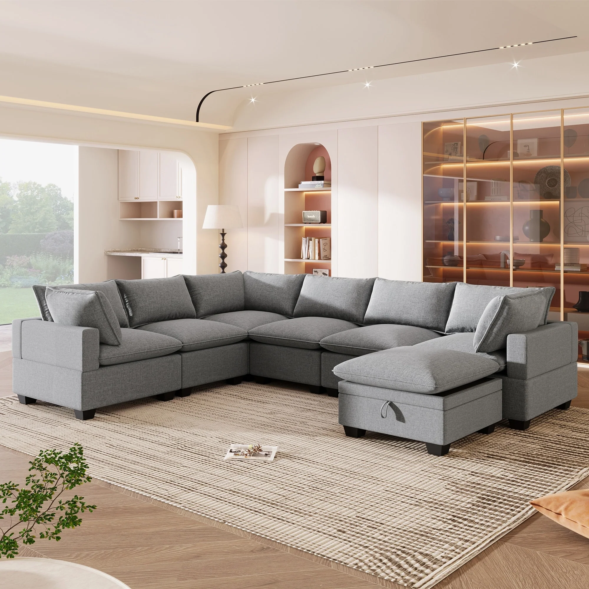 120 U-Shaped 7-Seat Sofa with Storage Ottoman