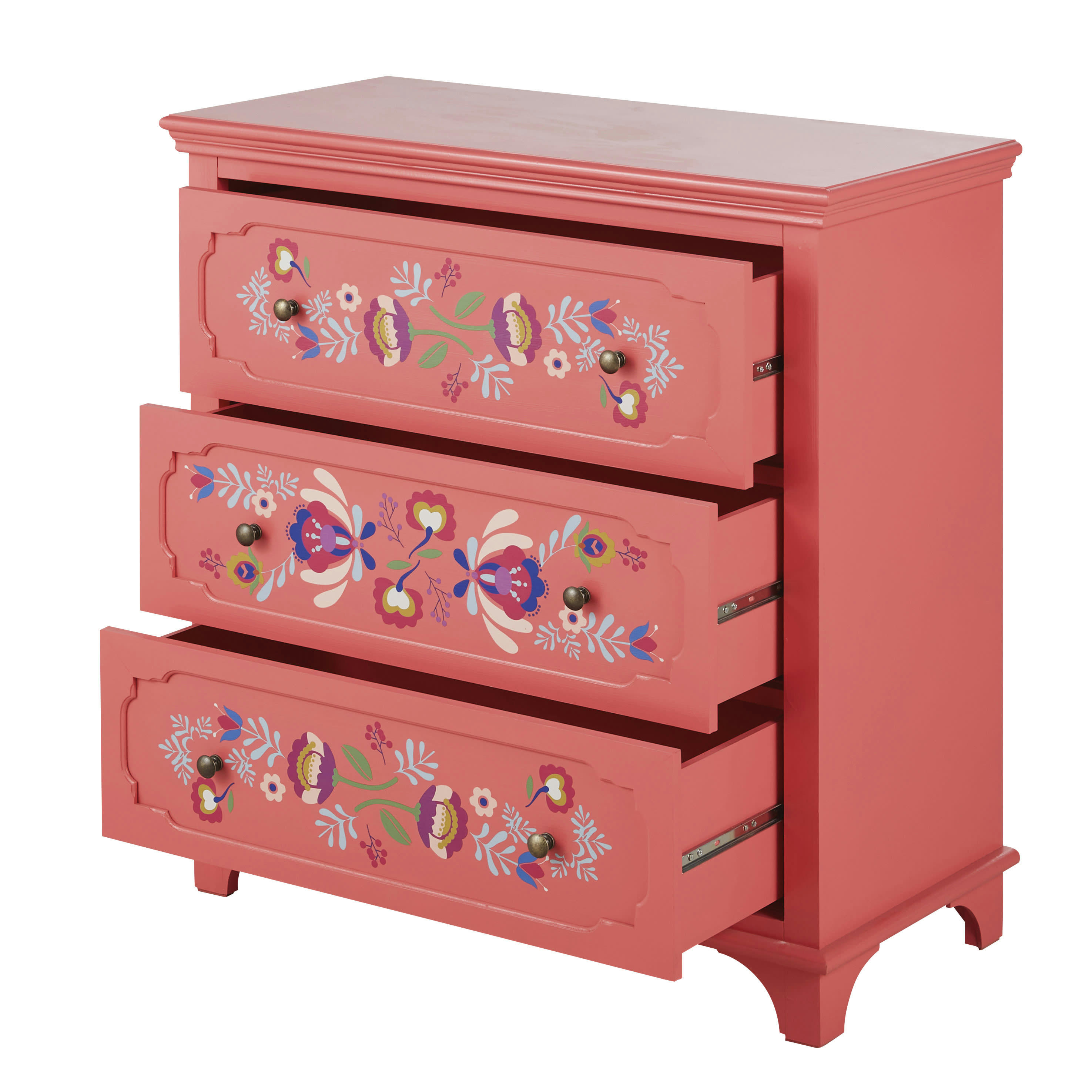 Roulotte - Commode 3 tiroirs rose à motifs multicolores