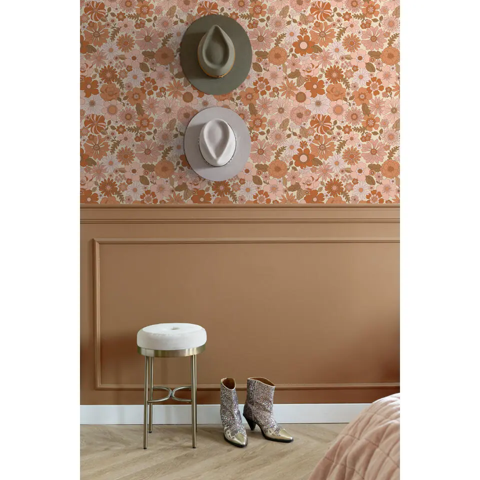 ESTAhome behang retro bloemen terracotta roze en oranje - 53 cm x 10.05 m