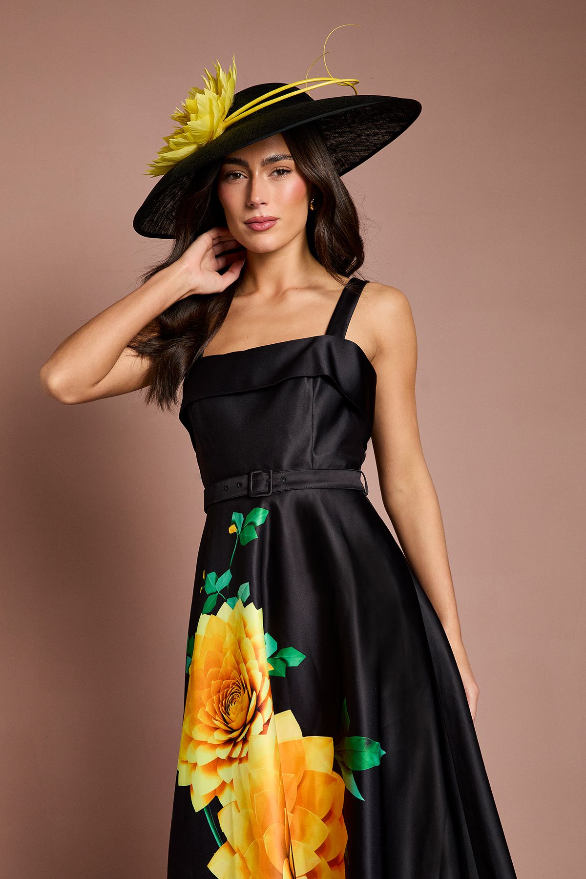 Coast Lisa Tan Floral Placement Print Belted Midi Dress