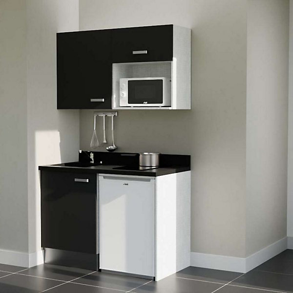 Kitchenette K07 - 120 cm - façades Noir - Plan monobloc en quartz coloris Nero évier à gauche - Electroménager Blanc