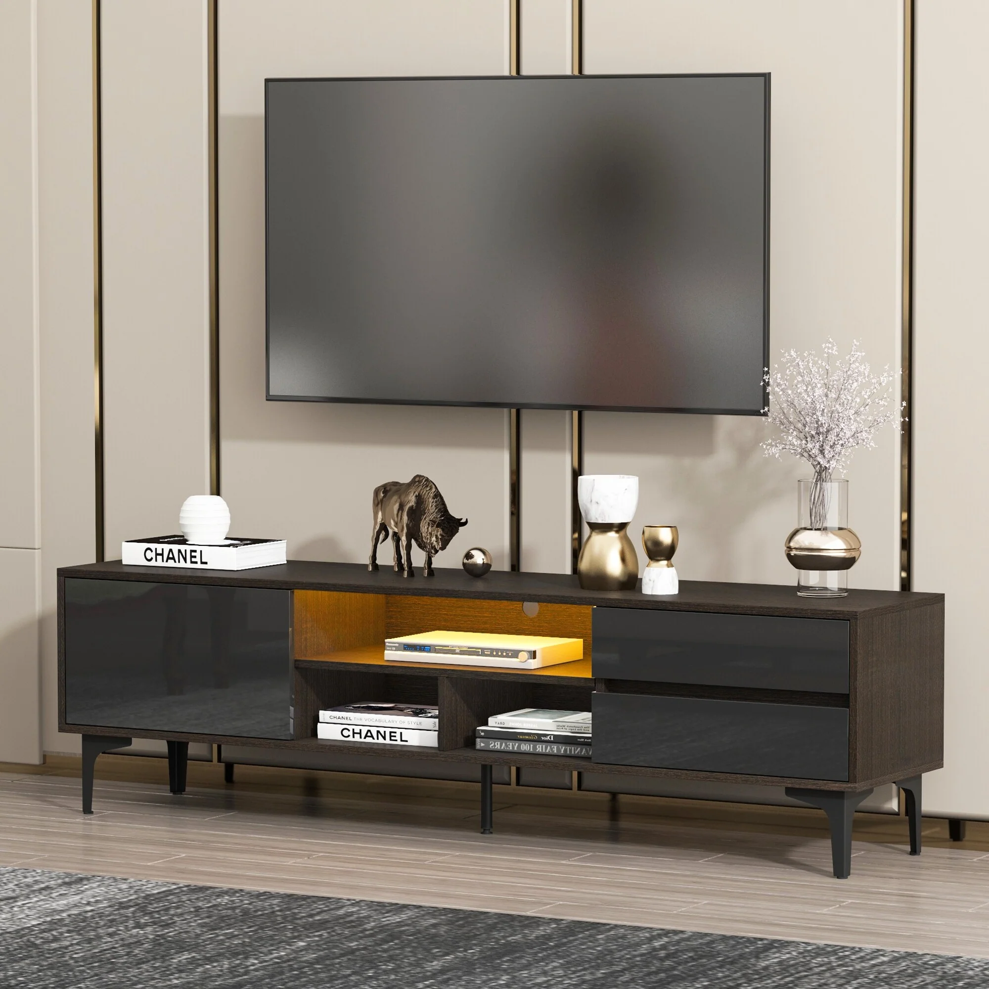 Black+Brown 63 TV Stand with LED, Gloss Finish for TVs Up to 65