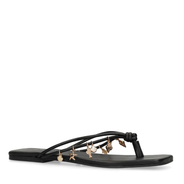 Zwarte leren slippers met goudkleurige charms
