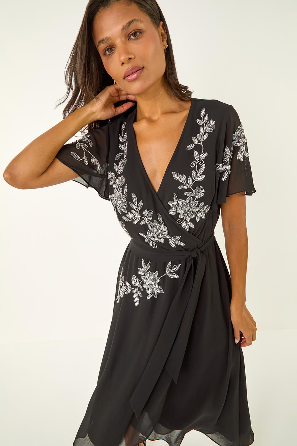 Roman Premium Beaded Wrap Midi Dress