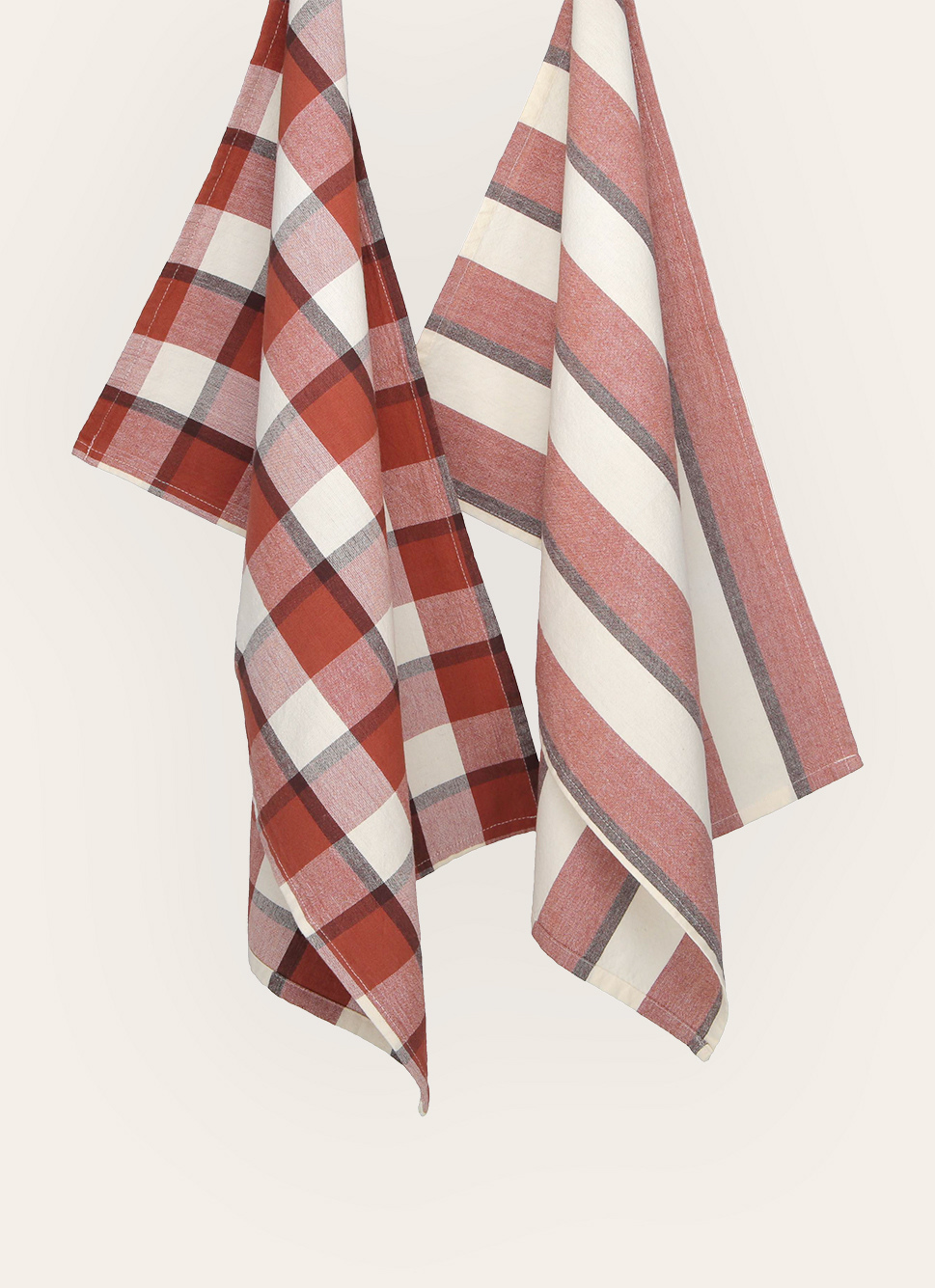 LOT DE 2 TORCHONS CARREAUX & RAYURES BRIQUE