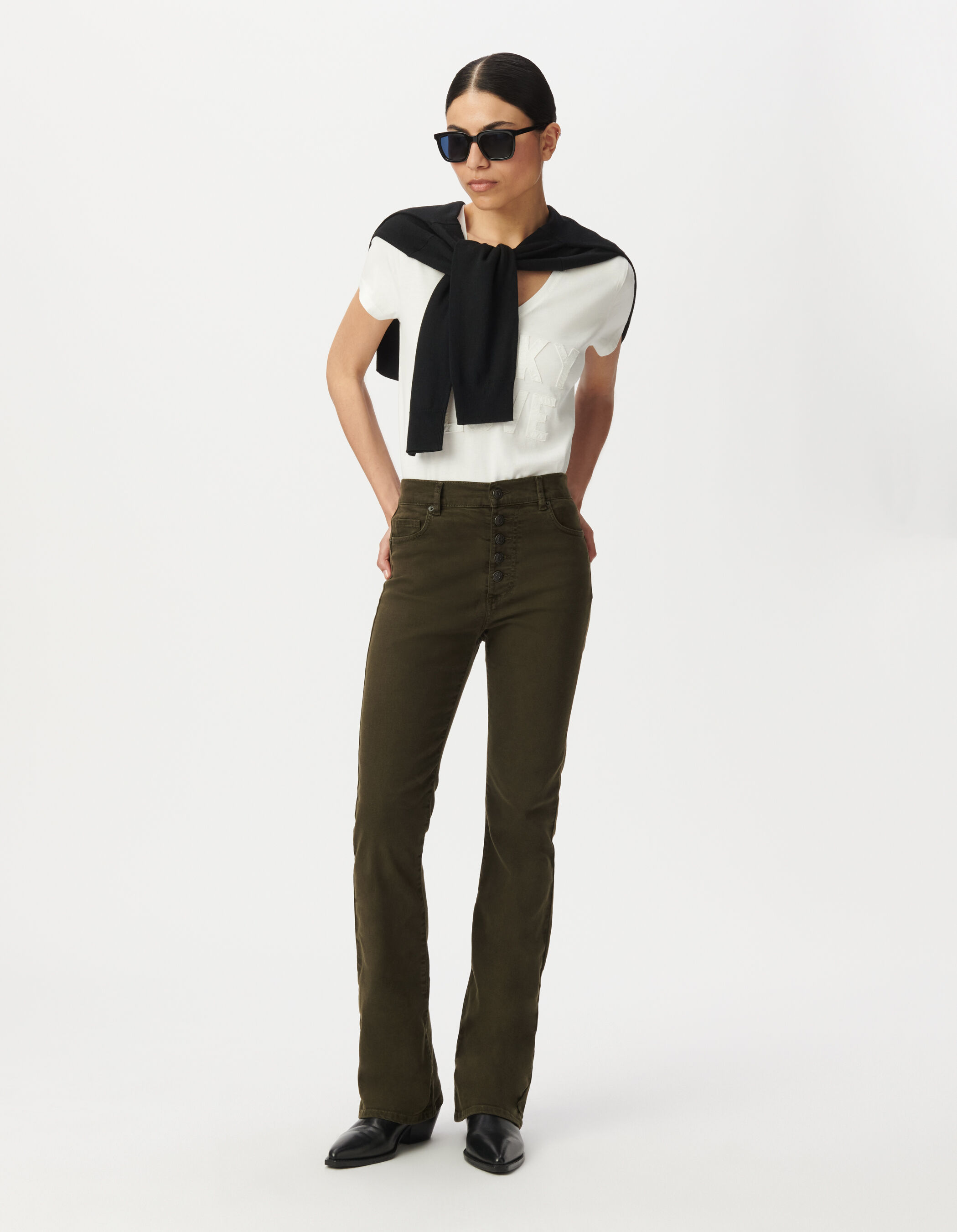 Jean flare kaki boutons apparents Femme