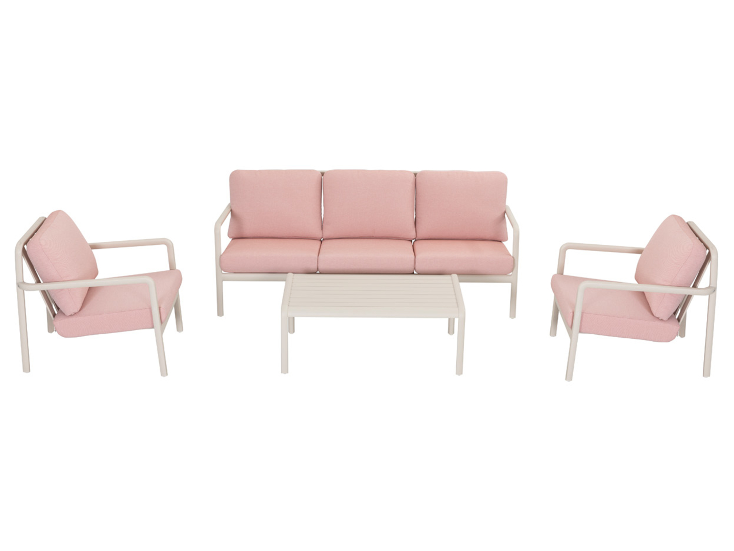 Zestaw mebli ogrodowych z aluminium Eloven sofa 2 fotele stolik poduszki beżowo-rózowy
