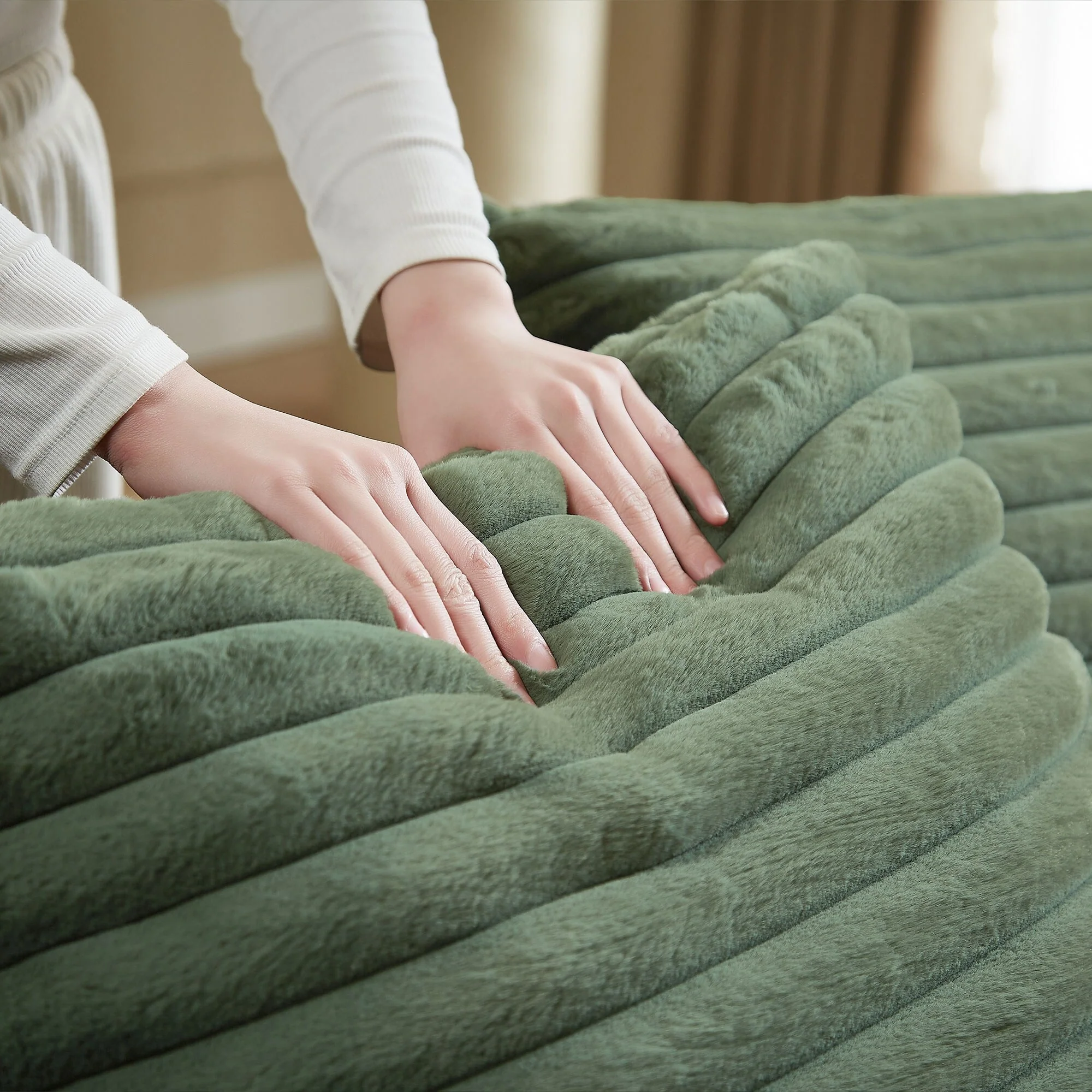 Modern Double Sleeper Sofa Comfortable Cloud Couch Soft Fluffy Corduroy Upholstery With Square Armrests Bedroom