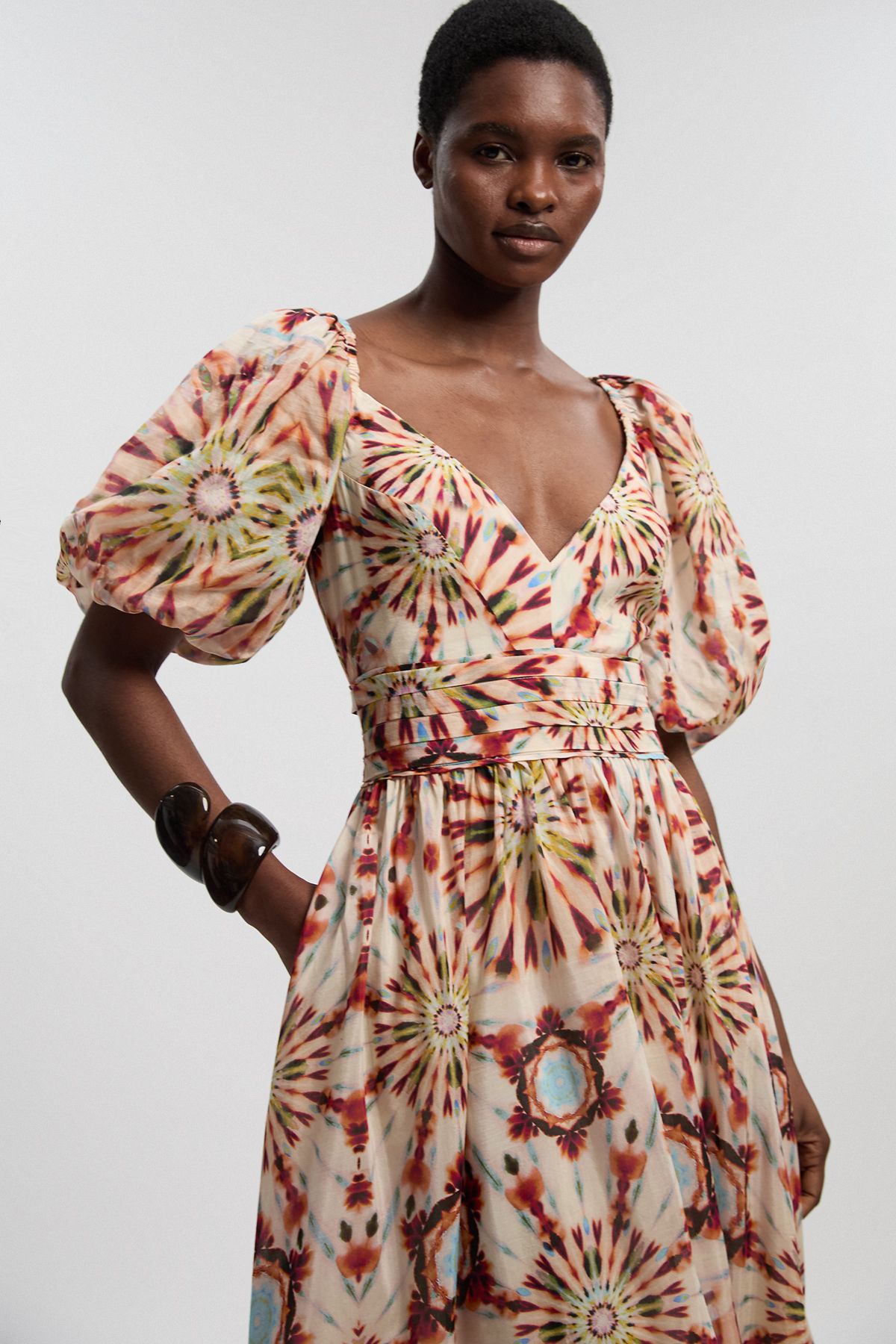 KarenMillen Tile Print Silk Cotton Volume Sleeve Woven Maxi Dress