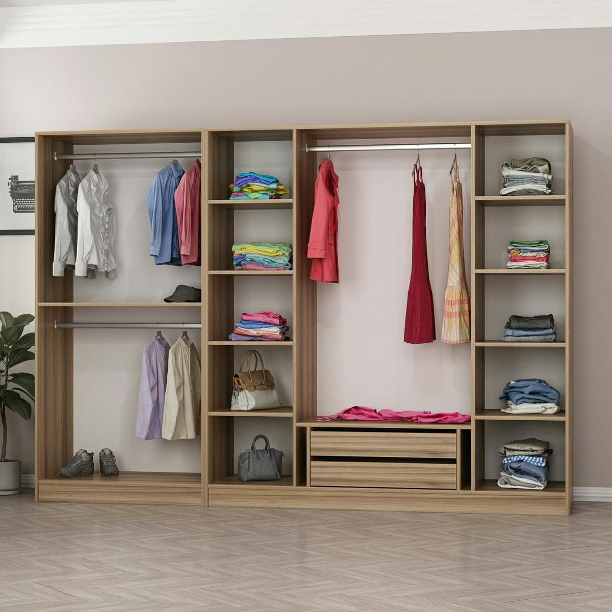 Armoire dressing ouvert effet noyer, 3 portants BYRON