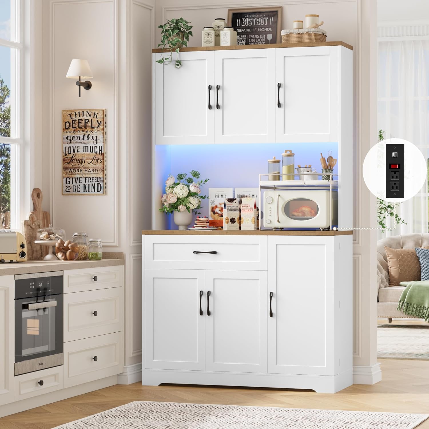 HIFIT 71 LED Pantry Cabinet with Power Outlet, Tall Kitchen Hutch Storage Cabinet with Microwave Stand & 6 Door Shelves, Modern Food Pantry Cabinets with Drawer for Kitchen Dining Living Room, White