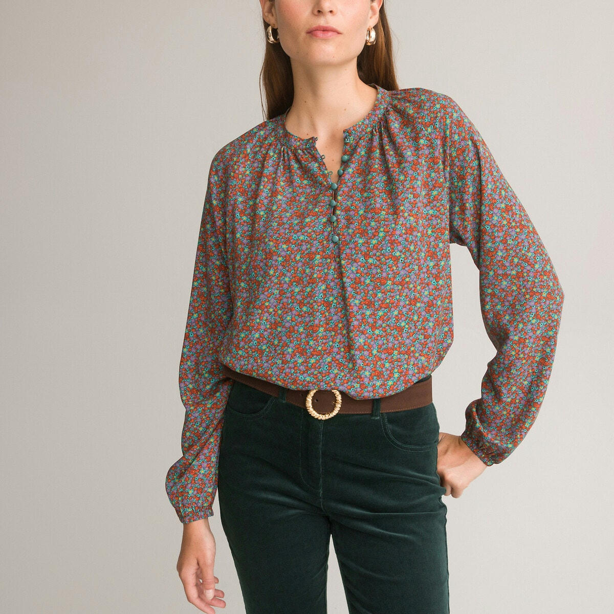 Blouse imprimée, col rond, manches longues