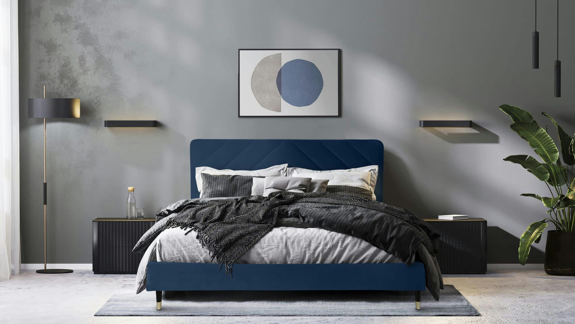 BARRY - Lit avec matelas 2 places  en velours bleu nuit 140x190
