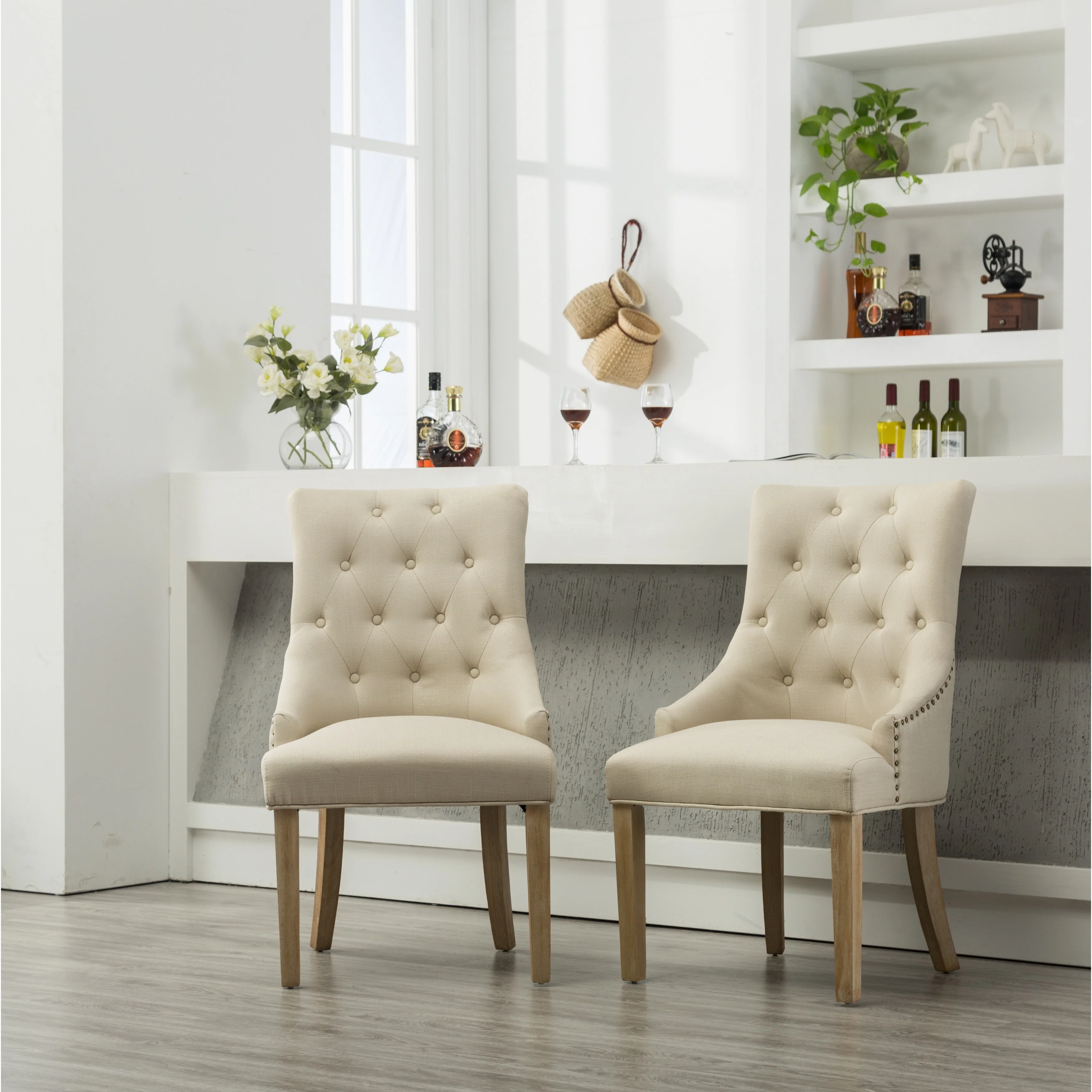 Set of 2 Wingback Hostess Chairs - Button Tufted Dining Chairs with Nailhead Trim & Solid Wood Legs