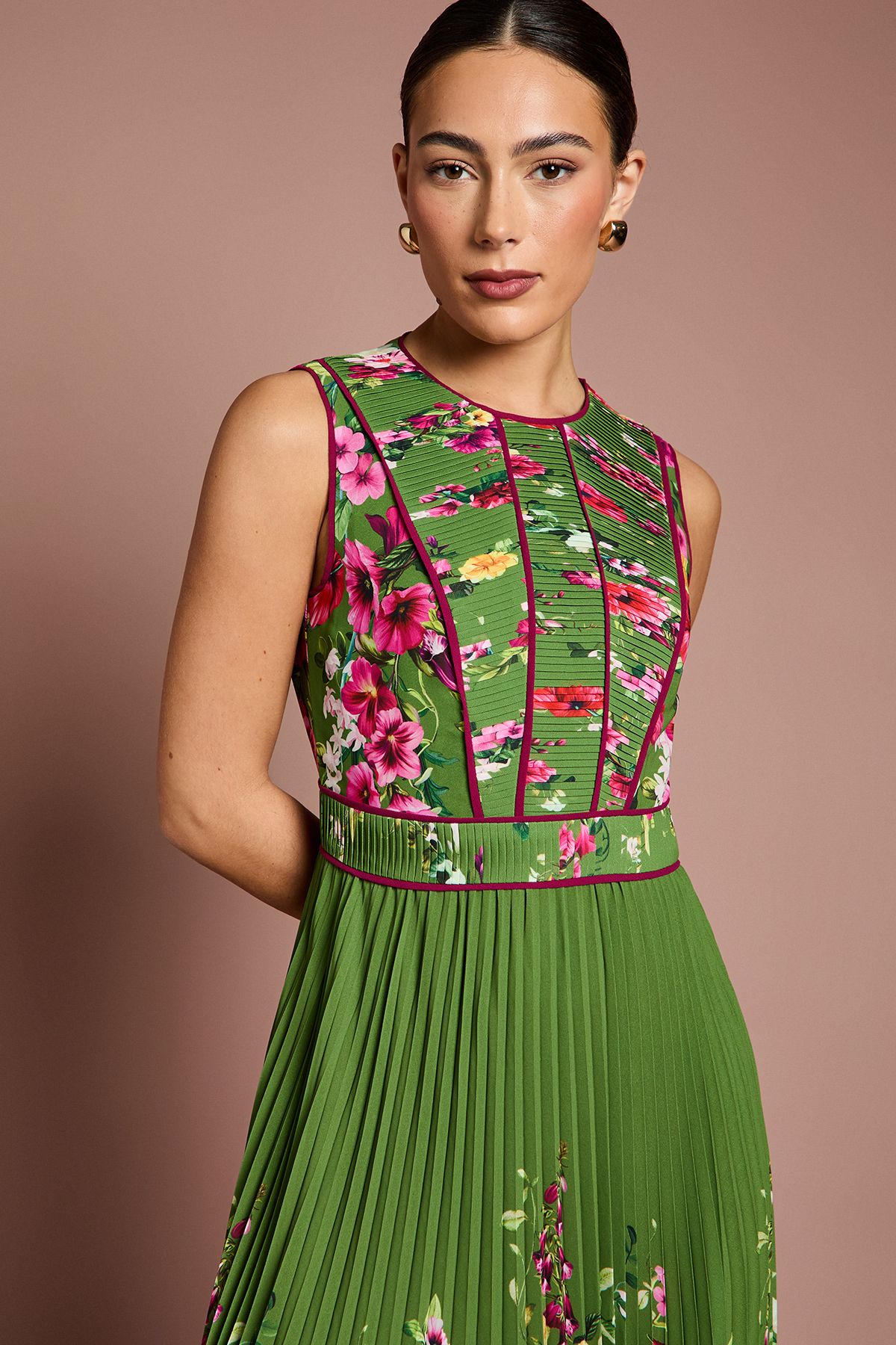 Coast Lisa Tan Pleated Piped Bodice Printed Midi Dress