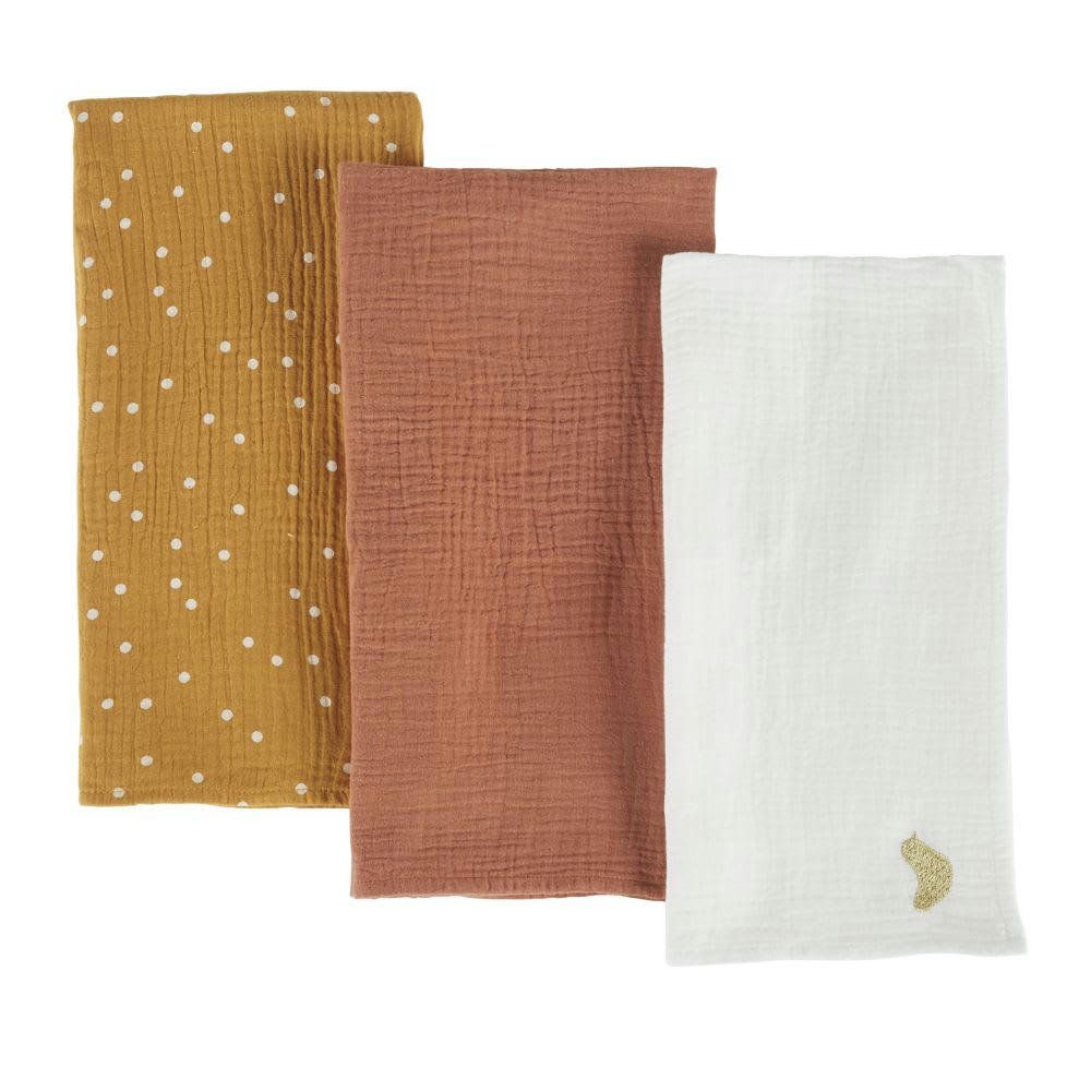 - Langes en gaze de coton imprimé pois et oiseaux jaune moutarde, terracotta et écru (X3)