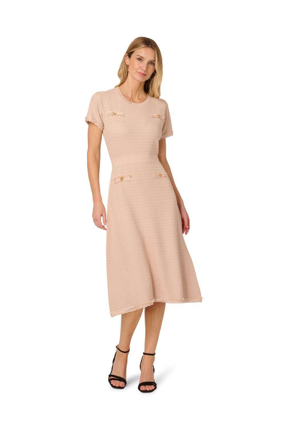 Adrianna Papell Waffle Textured Fit And Flare Midi Sweater With Mock Pockets