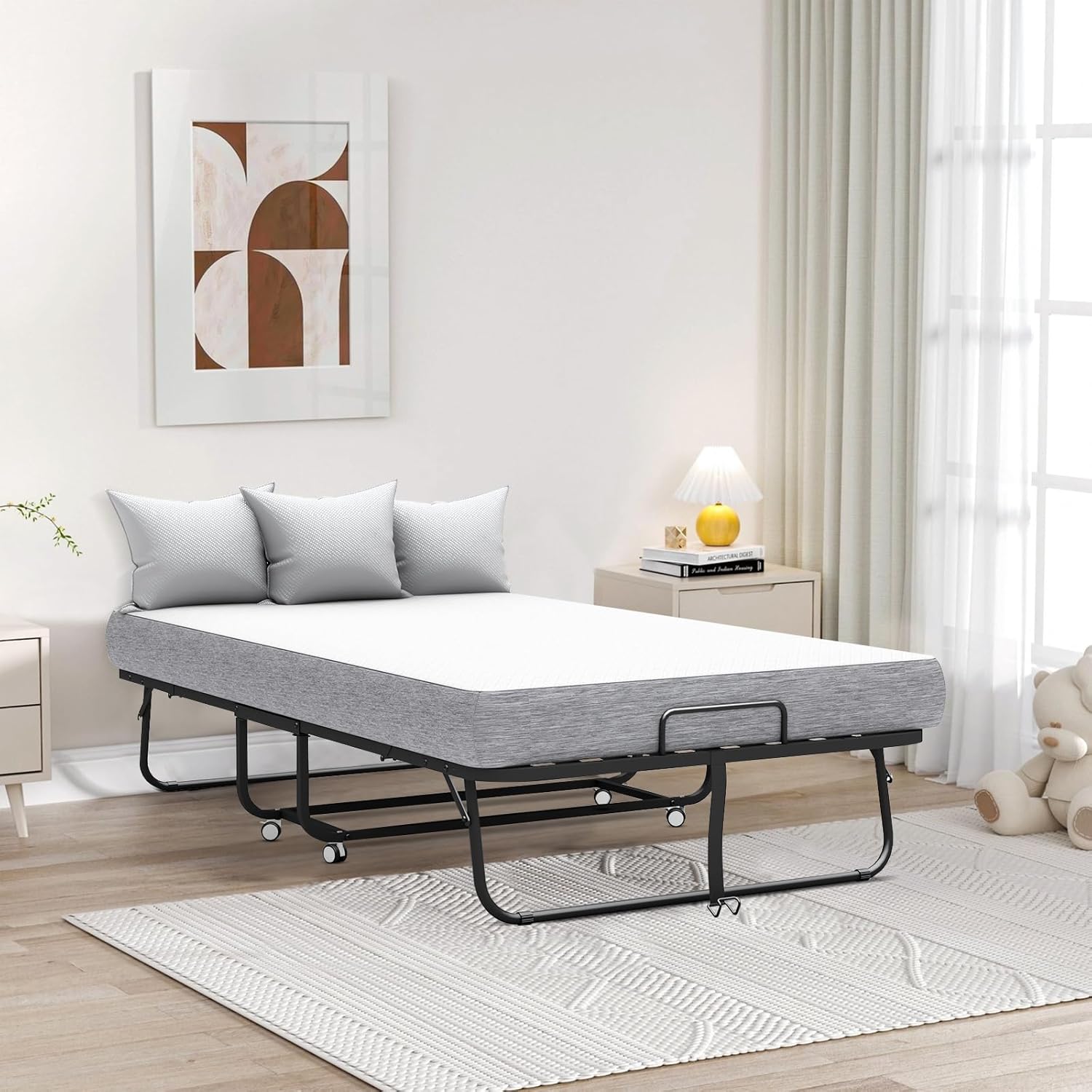 75''x46'' Folding Bed with Mattress for Adults, Large Size Rollaway Folded Bed for Hospital/School/Living Room, Sturdy Frame, Big Space, Comfortable Sleep