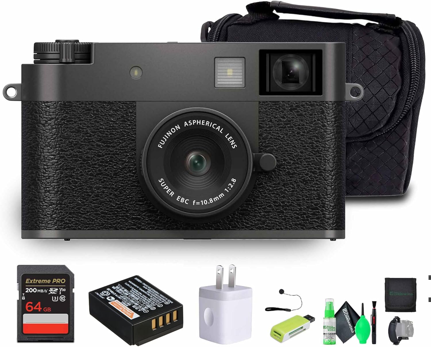 FUJIFILM X Half Premium Compact Digital Camera (Charcoal Silver) Bundle with Carrying Case + 64GB Memory Card + Lens Cap Keeper + Memory Card Wallet + Hand Strap + More