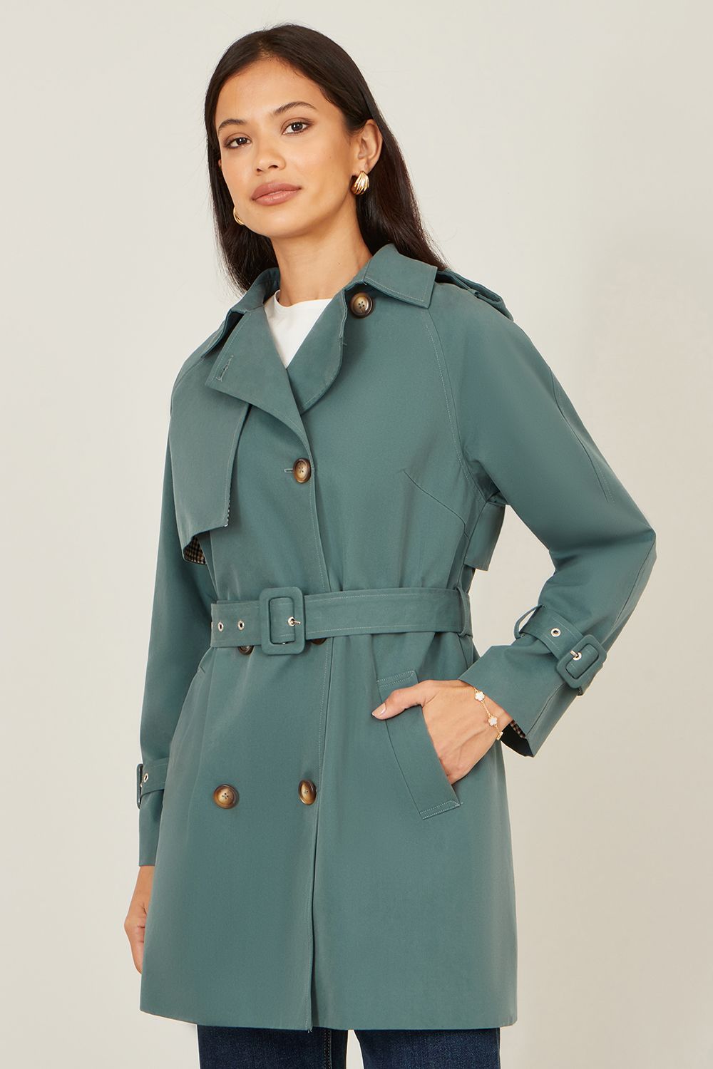 Yumi Teal Belted Trench Coat With Check Lining