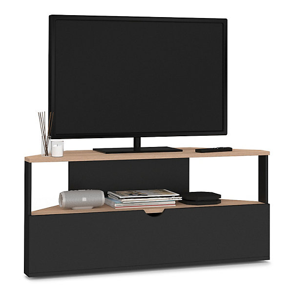 Meuble TV 100 cm d'angle ELI bois façon hêtre et noir