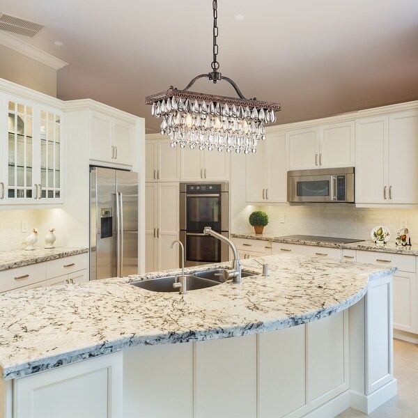 Antique Bronze 3-Light Rectangle Chandelier with Crystal Hanging - Antique Bronze
