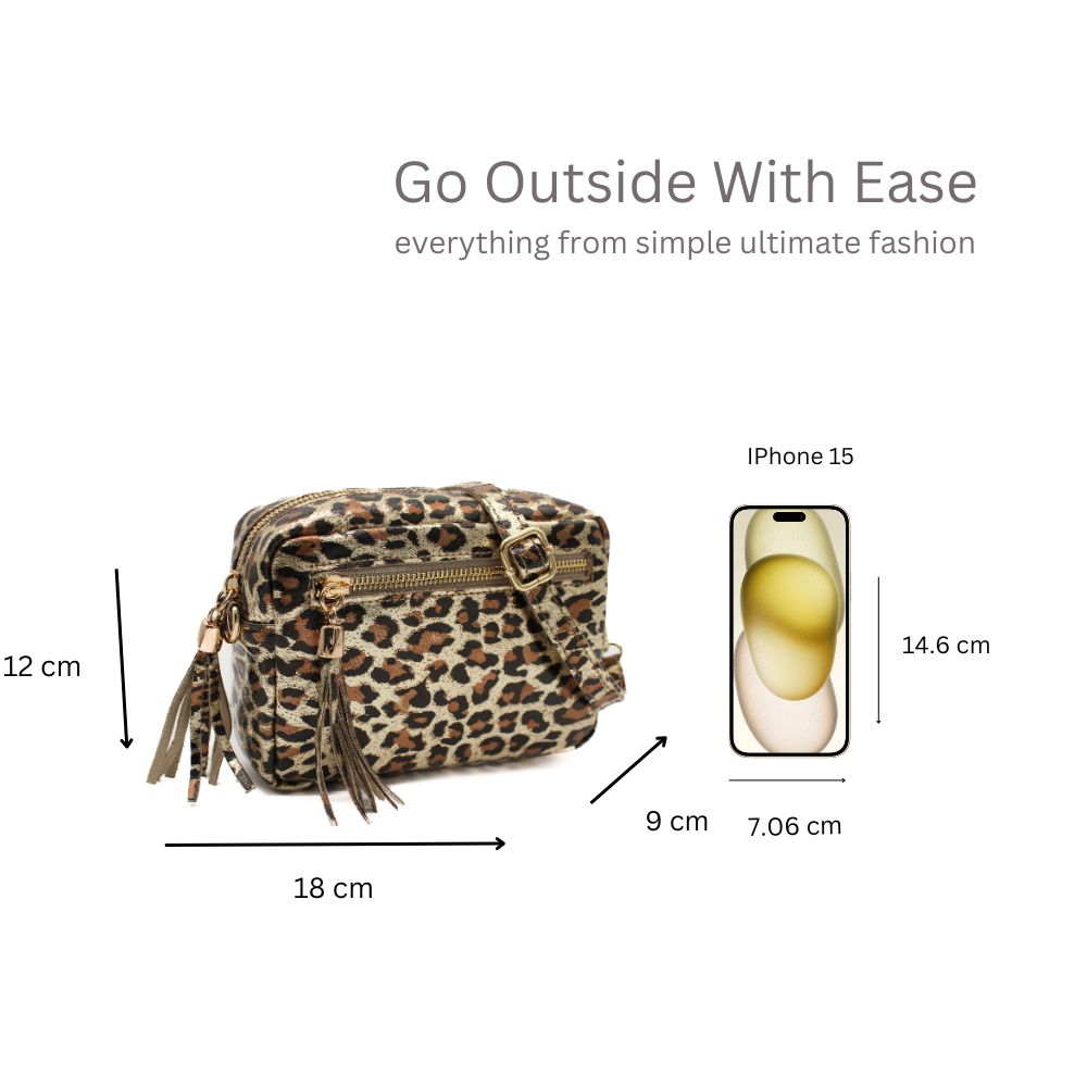 Kitise Small Italian Genuine Leather Metallic Leopard Print Tassel Charm Crossbody Bag