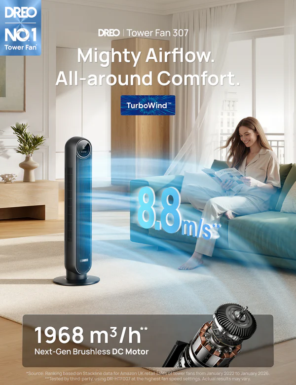 DREO 307 Tower Fan, 8 Speeds 4 Modes Silent Standing Fan
