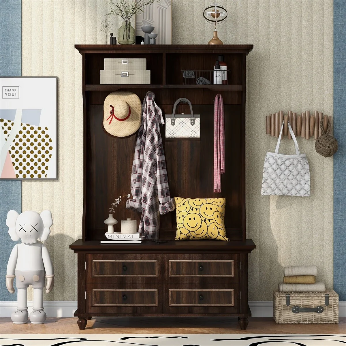 Merax 3-in-1 Design Hall Tree Storage Bench with 4 Hooks, 2 Cabinets